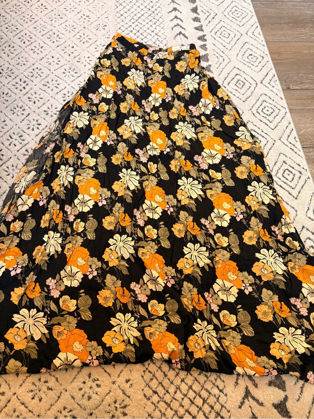 NATURAL LIFE Black Maxi Skirt with Orange, Cream & Pink Floral Print
